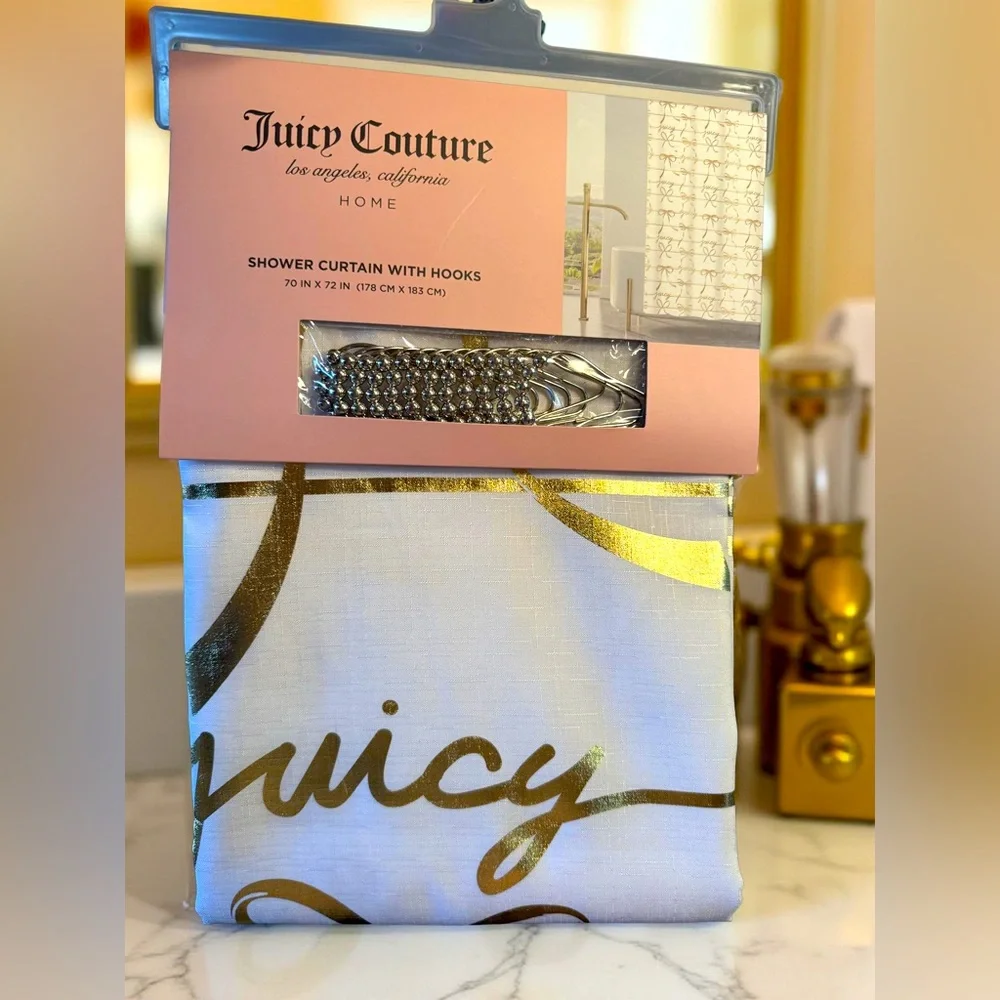 Juicy Couture NWT Stunning Metallic Gold & White Cloth Shower Curtain & Hooks